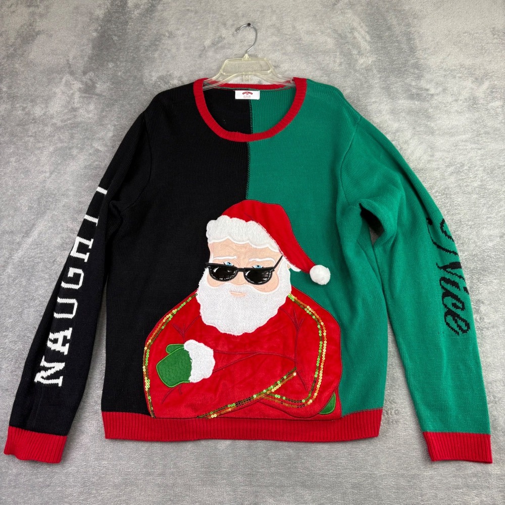 Holiday Time Men's XL Ugly Christmas Sweater‎ Santa Naughty Nice Sequin Holiday